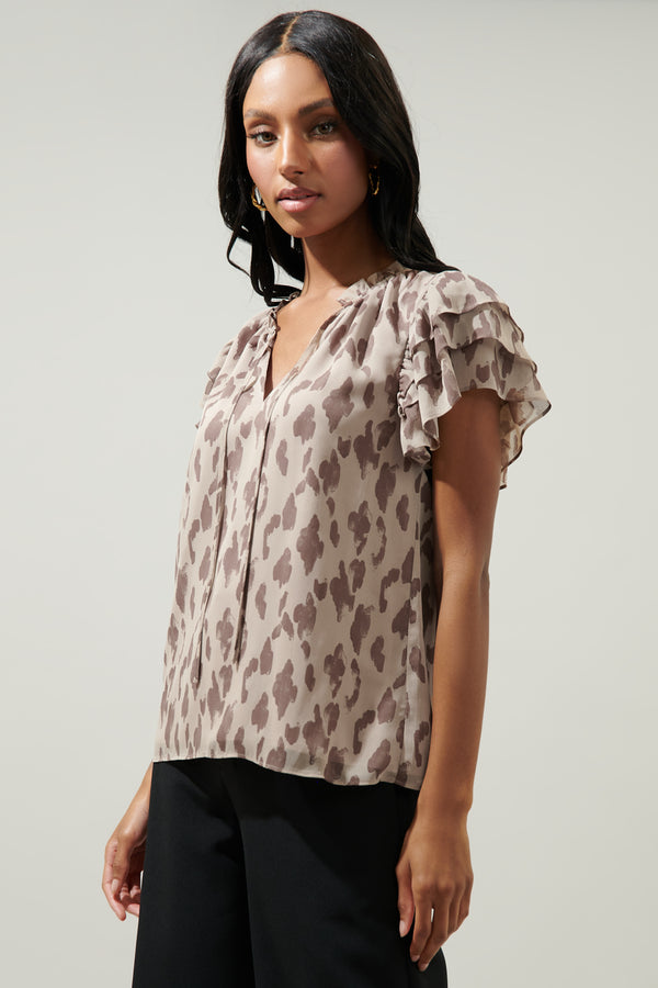 Sugarlips Sandalwood Leopard Montie Ruffle Tie Neck Blouse