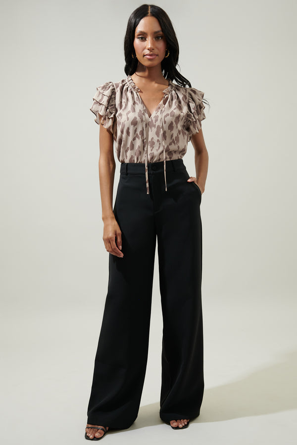 Sugarlips Sandalwood Leopard Montie Ruffle Tie Neck Blouse