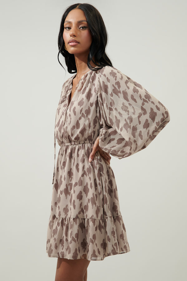 Sugarlips Sandalwood Leopard Paxton Balloon Sleeve Mini Dress