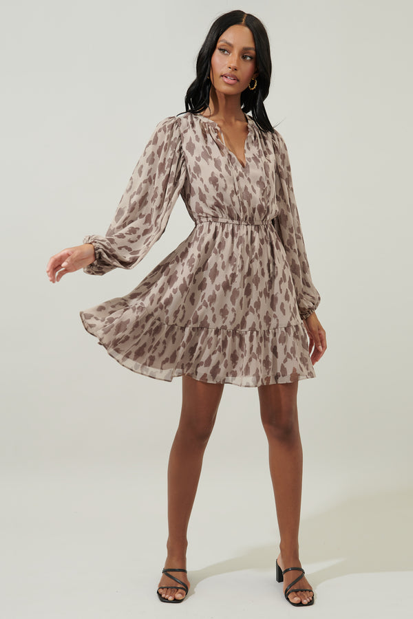Sugarlips Sandalwood Leopard Paxton Balloon Sleeve Mini Dress