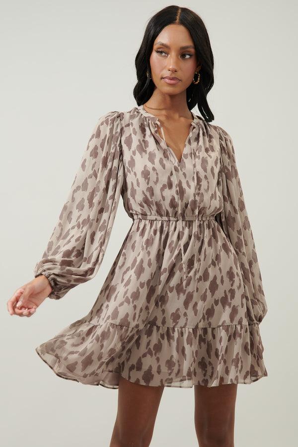 sugarlips Sandalwood Leopard Paxton Balloon Sleeve Mini Dress
