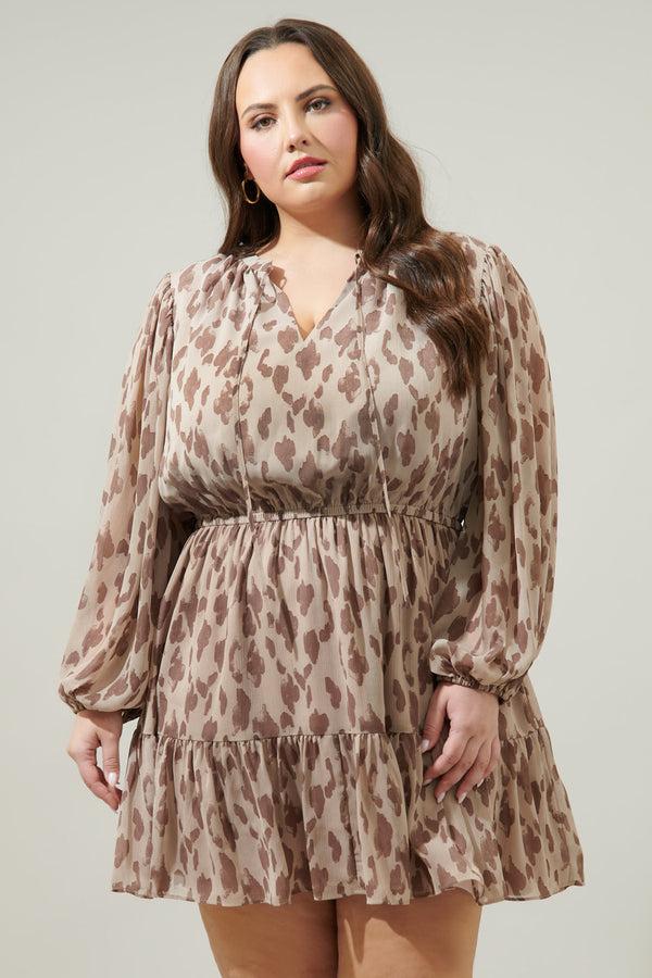 sugarlips Sandalwood Leopard Paxton Balloon Sleeve Mini Dress Curve