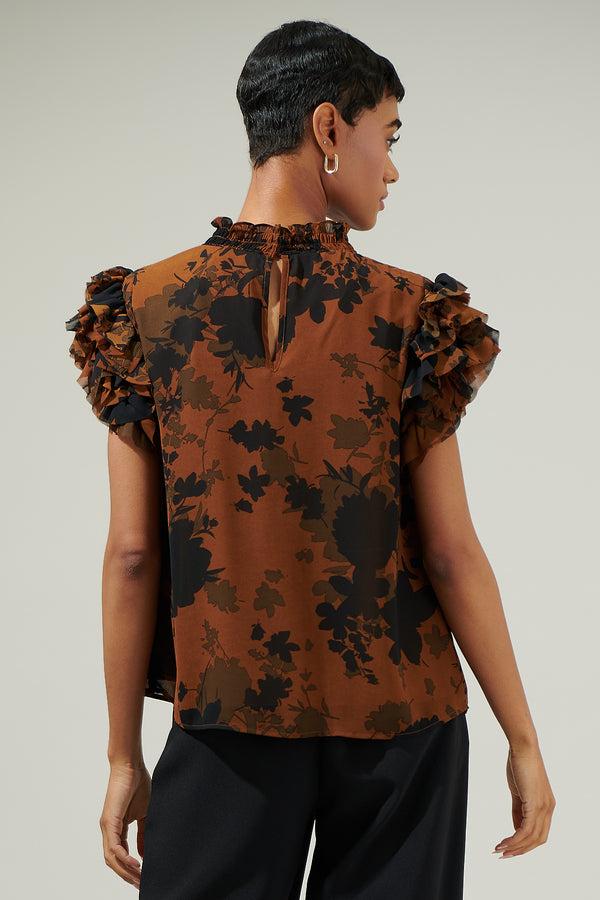 Sugarlips Sandy Floral Brenna Mock Neck Ruffle Blouse