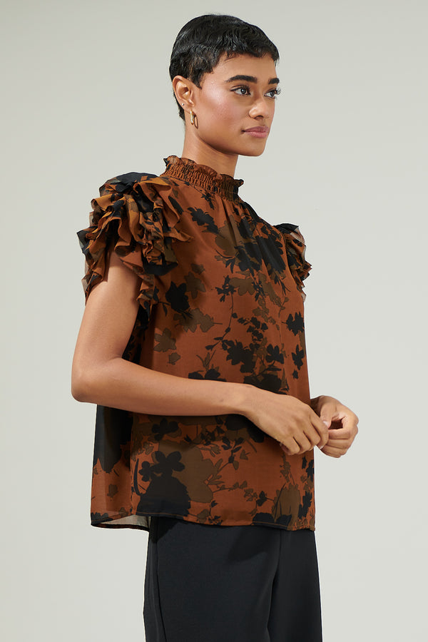 Sugarlips Sandy Floral Brenna Mock Neck Ruffle Blouse