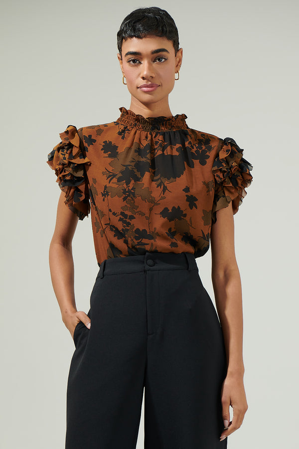 sugarlips Sandy Floral Brenna Mock Neck Ruffle Blouse