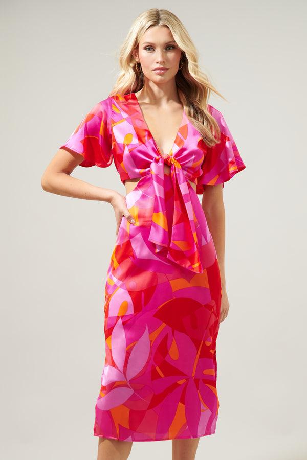 Sugarlips Sangria Abstract Joelle Front Tie Midi Dress