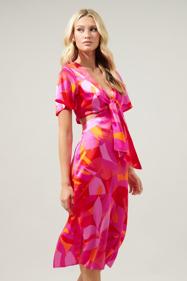 Sugarlips Sangria Abstract Joelle Front Tie Midi Dress