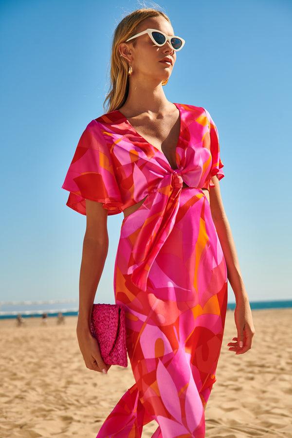 sugarlips Sangria Abstract Joelle Front Tie Midi Dress