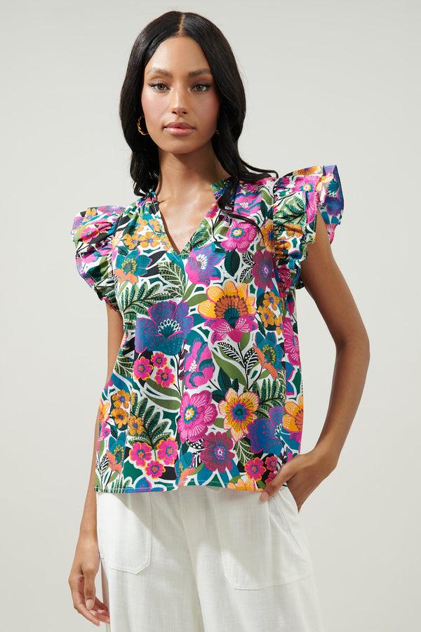 Sugarlips Santa Elena Risette Ruffle Cap Sleeve Split Neck Top