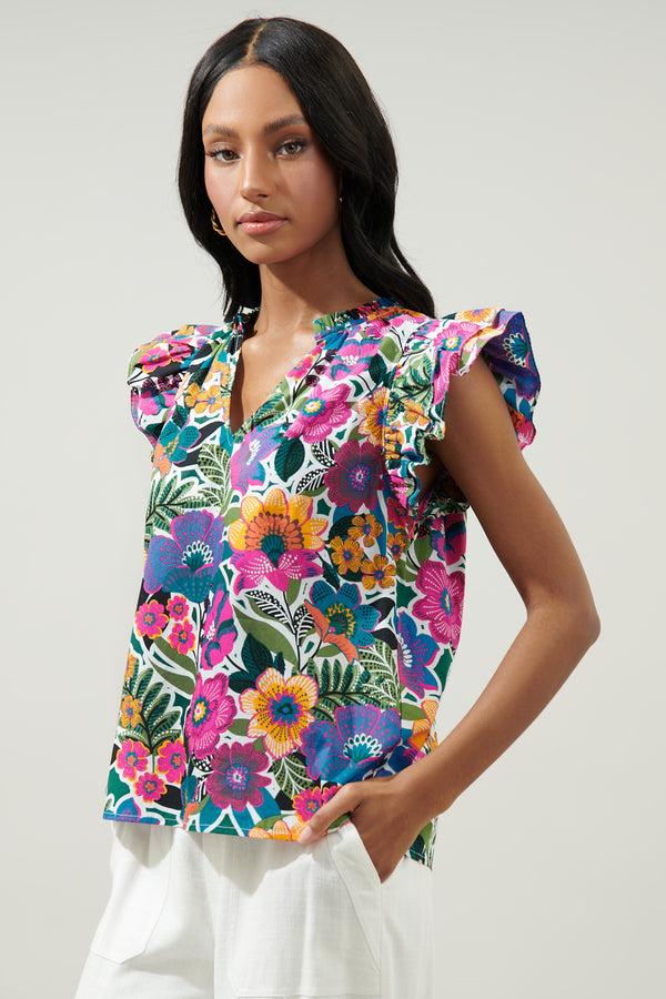 Sugarlips Santa Elena Risette Ruffle Cap Sleeve Split Neck Top
