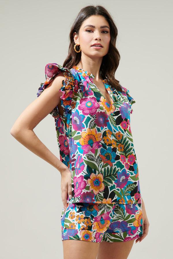 Sugarlips Santa Elena Risette Ruffle Split Neck Top
