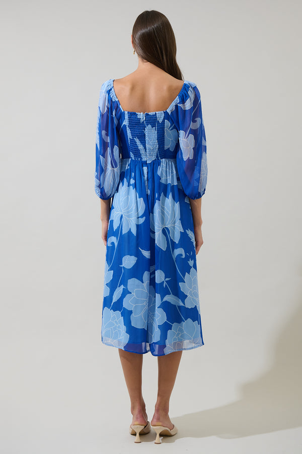 Sugarlips Seabloom Floral Amaretto Puff Sleeve Midi Dress