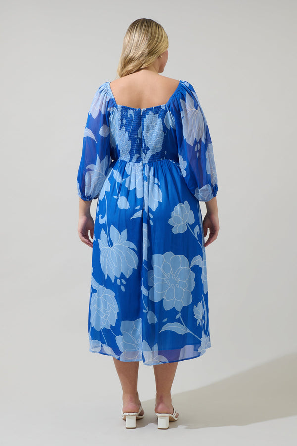 Sugarlips Seabloom Floral Amaretto Puff Sleeve Midi Dress Curve