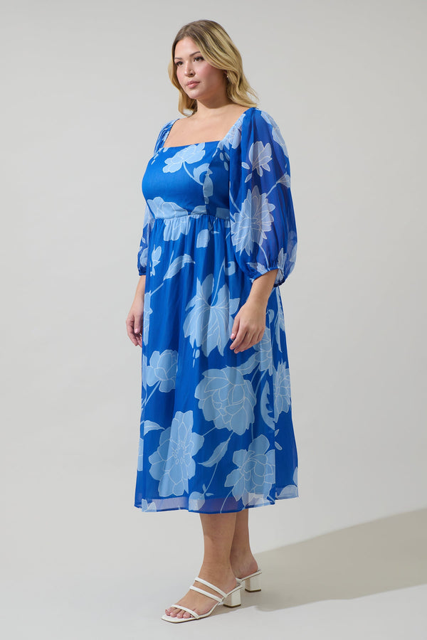 Sugarlips Seabloom Floral Amaretto Puff Sleeve Midi Dress Curve