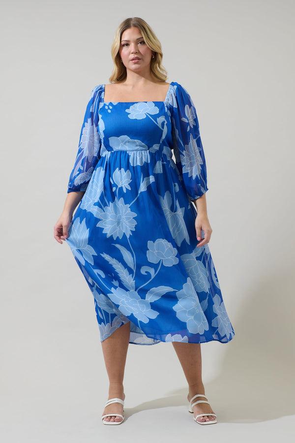 sugarlips Seabloom Floral Amaretto Puff Sleeve Midi Dress Curve
