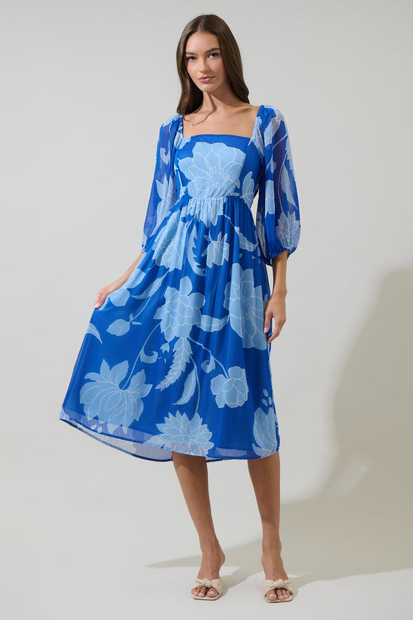 sugarlips Seabloom Floral Amaretto Puff Sleeve Midi Dress