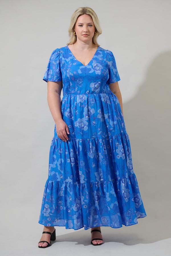 sugarlips Selma Floral Alexis Poplin Cotton Voile Tiered Midi Dress Curve
