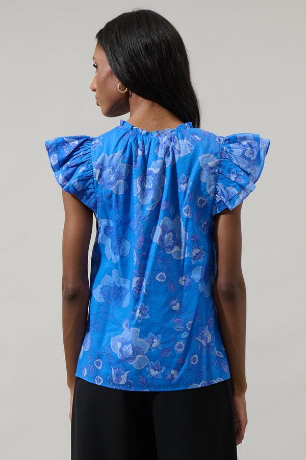 Sugarlips Selma Floral Claramay Ruffle Split Neck Cotton Voile Top