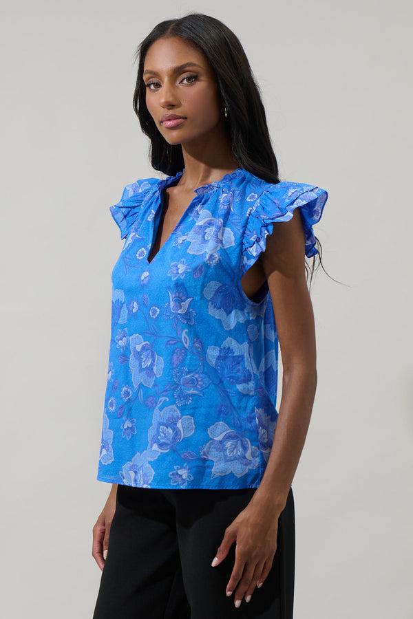 Sugarlips Selma Floral Claramay Ruffle Split Neck Cotton Voile Top