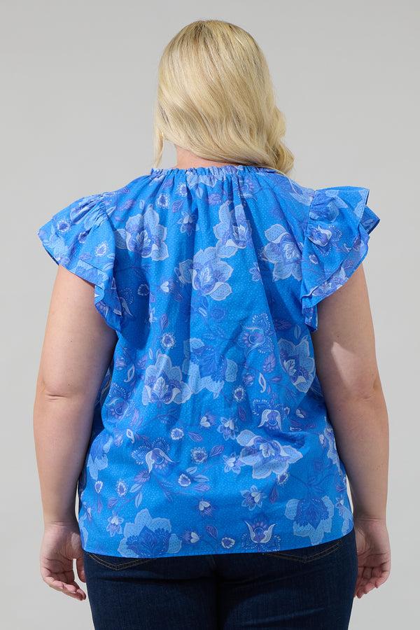 Sugarlips Selma Floral Claramay Ruffle Split Neck Cotton Voile Top Curve