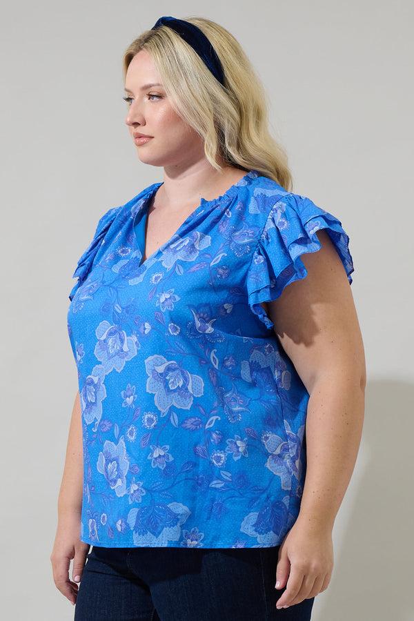 Sugarlips Selma Floral Claramay Ruffle Split Neck Cotton Voile Top Curve