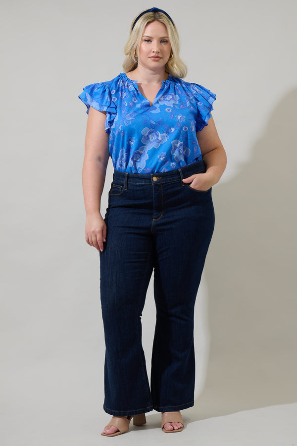 Sugarlips Selma Floral Claramay Ruffle Split Neck Cotton Voile Top Curve