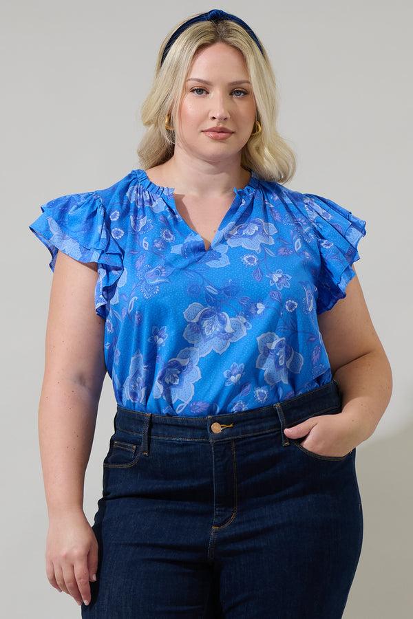 sugarlips Selma Floral Claramay Ruffle Split Neck Cotton Voile Top Curve