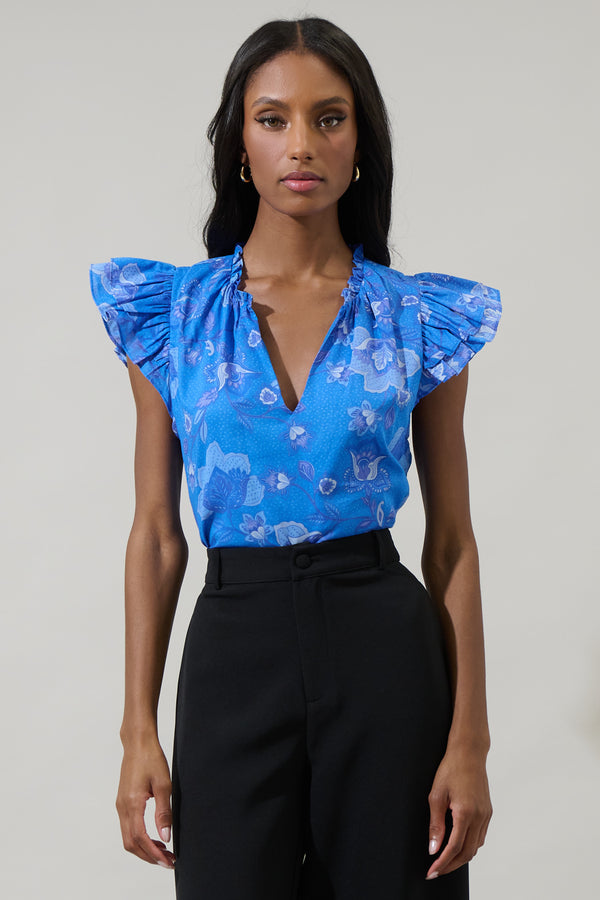 sugarlips Selma Floral Claramay Ruffle Split Neck Cotton Voile Top