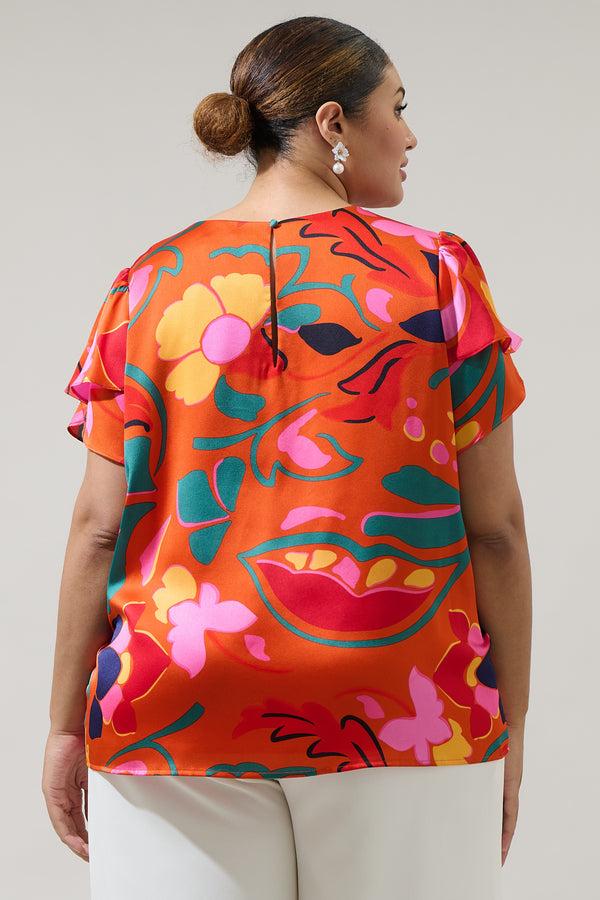 Sugarlips Serene Floral Deja Satin Ruffle Blouse Curve
