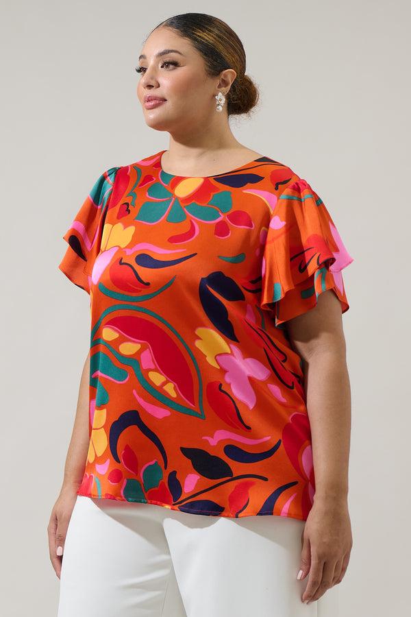 Sugarlips Serene Floral Deja Satin Ruffle Blouse Curve