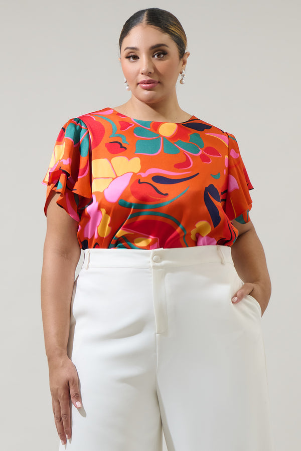 sugarlips Serene Floral Deja Satin Ruffle Blouse Curve