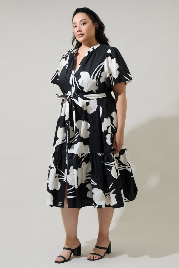 Sugarlips Shadow Floral Cora Button Up Midi Dress Curve