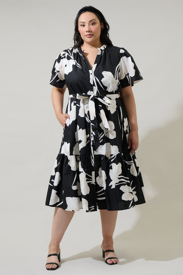 sugarlips Shadow Floral Cora Button Up Midi Dress Curve