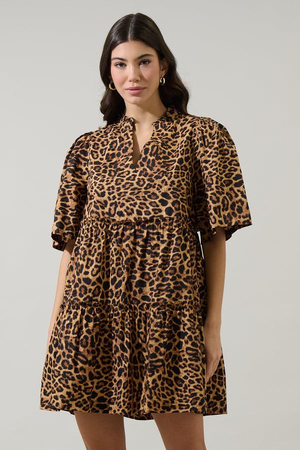 Sugarlips Shaina Leopard Dixie Split Neck Shift Dress