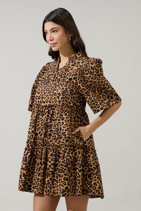 Sugarlips Shaina Leopard Dixie Split Neck Shift Dress