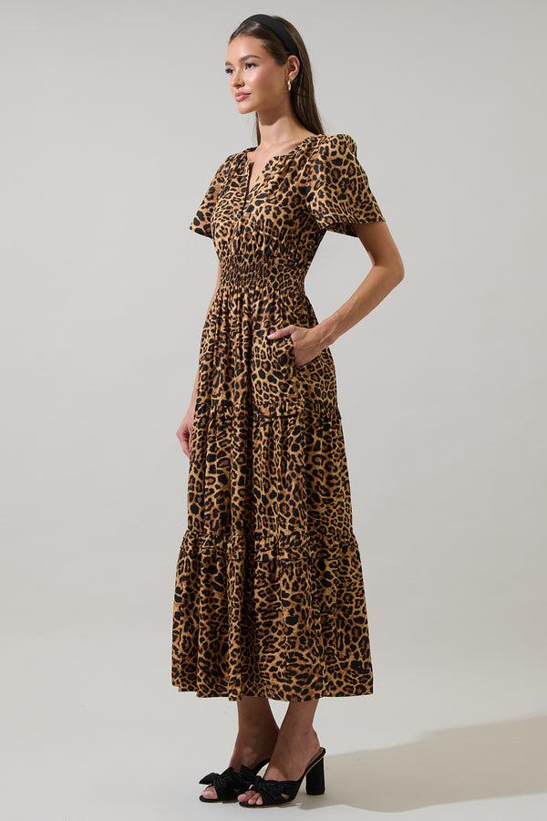 Sugarlips Shaina Leopard Palmer Poplin Tiered Maxi Dress