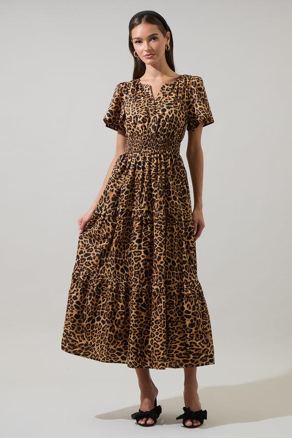 sugarlips Shaina Leopard Palmer Poplin Tiered Maxi Dress