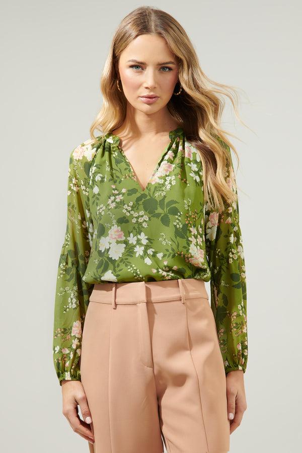 sugarlips Shiloh Floral Johanna Split Neck Raglan Blouse