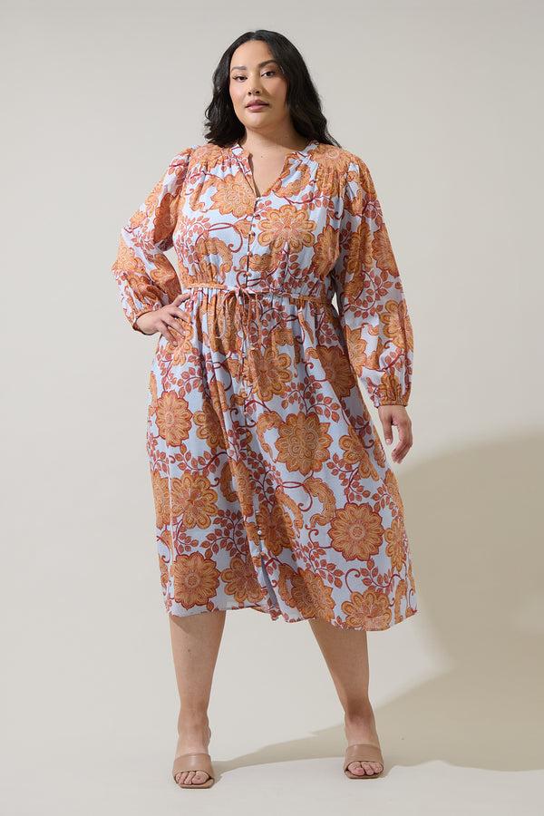 sugarlips Siany Floral Ameni Button Down Midi Dress Curve