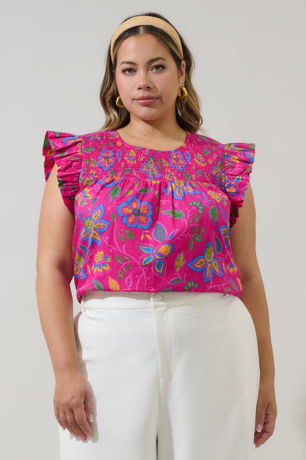 sugarlips Signy Floral Tisha Smocked Ruffle Top Curve