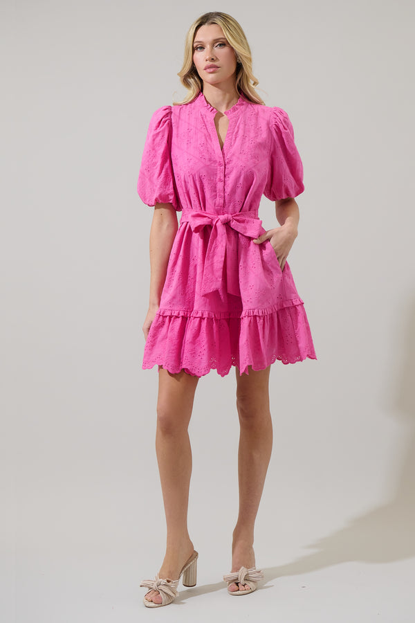 Sugarlips Sky Eyelet Sasha Split Neck Shift Mini Dress