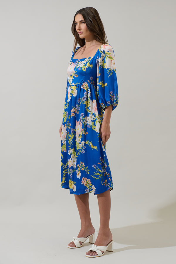 Sugarlips Solary Floral Amaretto Puff Sleeve Midi Dress
