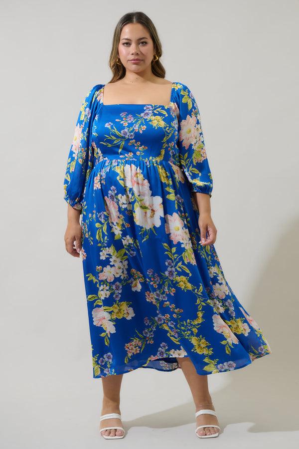 sugarlips Solary Floral Amaretto Puff Sleeve Midi Dress Curve