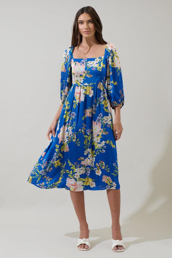 sugarlips Solary Floral Amaretto Puff Sleeve Midi Dress