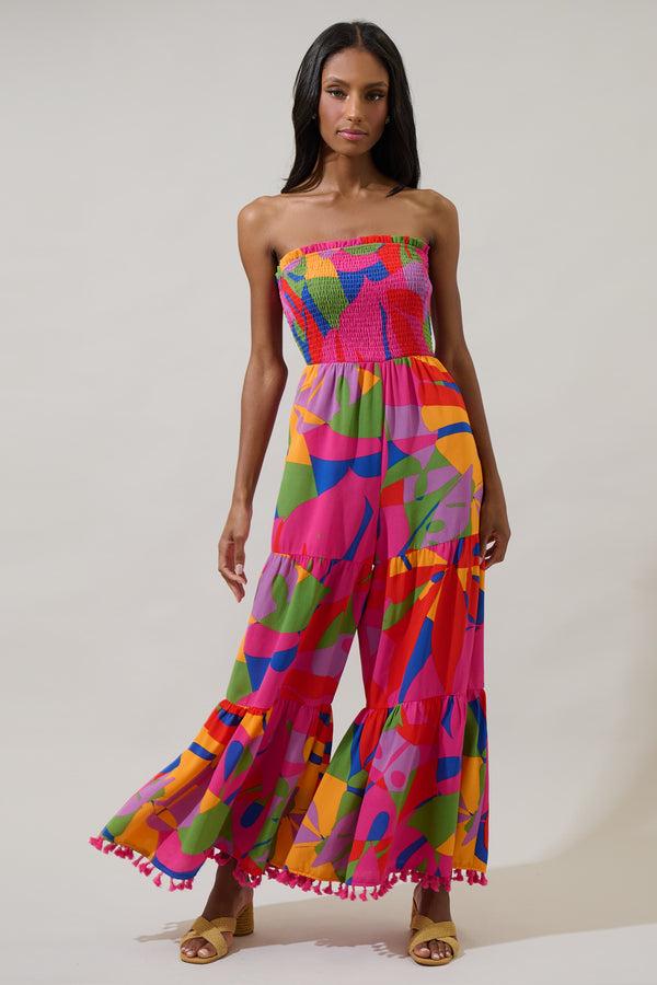 Sugarlips Soleil Abstract Eve Strapless Smocked Jumpsuit