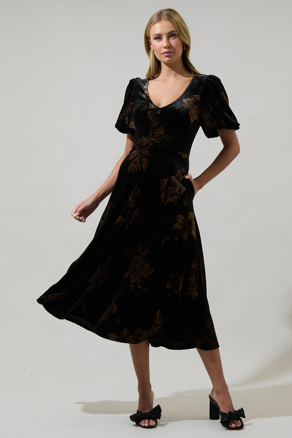 sugarlips Ace Floral Abrina Velvet Midi Dress