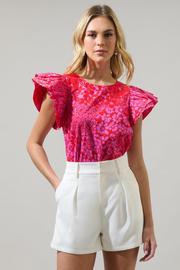 sugarlips Addie Floral Elley Ruffle Sleeve Top