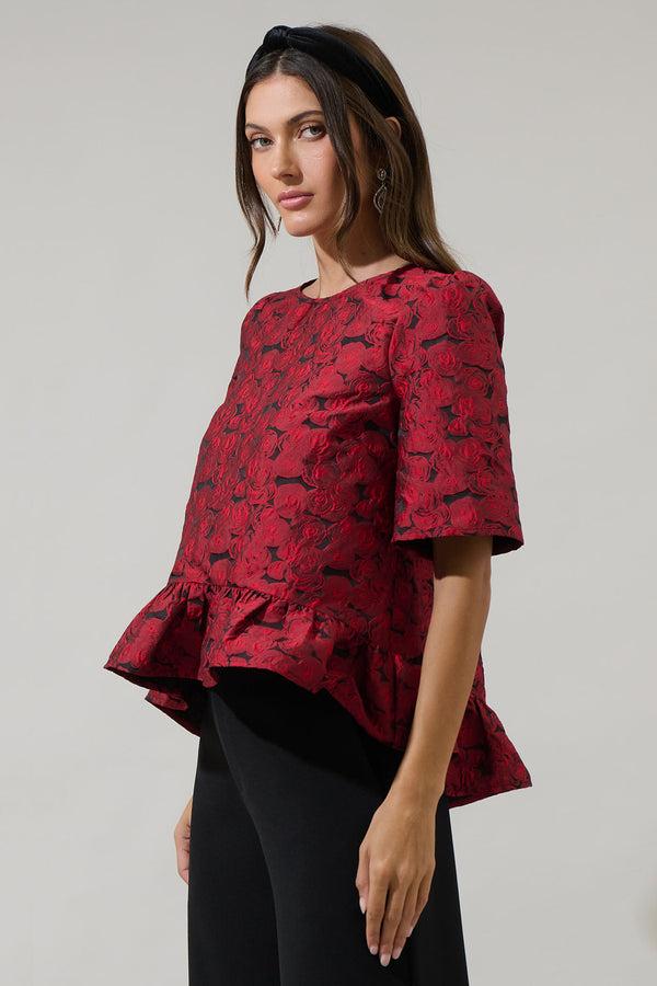 Sugarlips Alena Jacquard Floral Ruffle Top