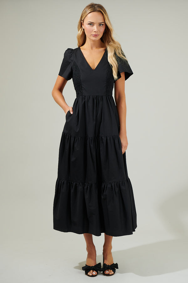 sugarlips Alexis Poplin Tiered Midi Dress