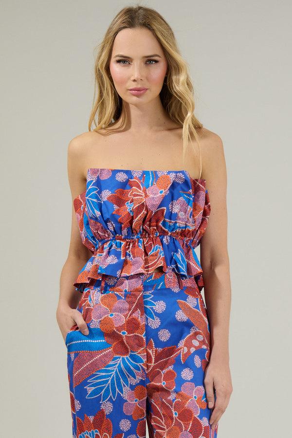 sugarlips Amazonia Blue Floral Ruffle Tank Top